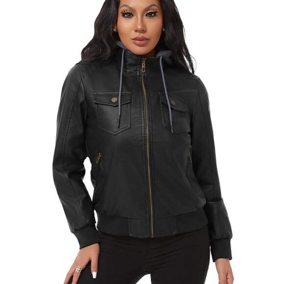 Women Black Faux Leather Waterproof Motorcycle Bomber Biker Jacket - Picture 1 of 8